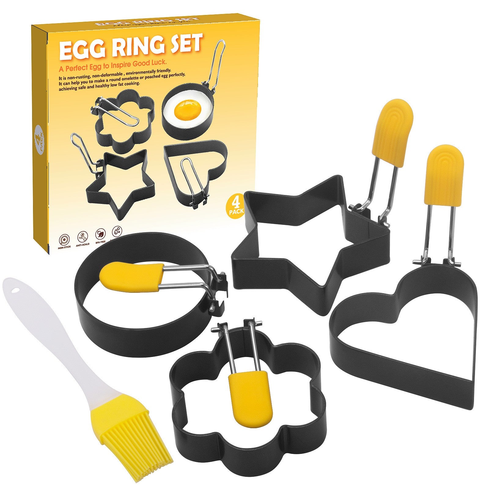 Set 4 forme pentru ou Flippy, din otel, strat antiaderent, diametru 7.5 cm, cu maner din ABS, negru-0