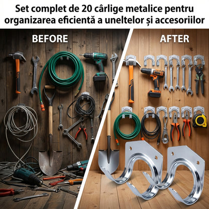 Set 20 Cârlige Metalice pentru Perete – Suport Organizare Unelte cu Șuruburi Incluse