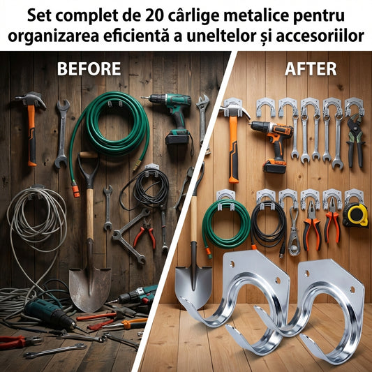 Set 20 Cârlige Metalice pentru Perete – Suport Organizare Unelte cu Șuruburi Incluse