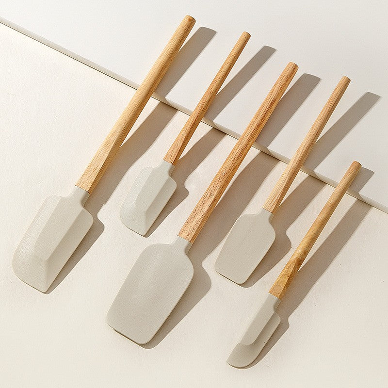 Set 5 Ustensile de Bucatarie, Flippy, din Silicon si Lemn, Spatule de Diferite Dimensiuni, Termorezistente, Antiaderente, Bej-Maro-0