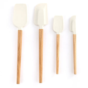 Set 4 Ustensile de Bucatarie, Flippy, din Silicon si Lemn, Spatule de Dimensiuni Diferite, Termorezistente, Antiaderente, Alb-Maro-0