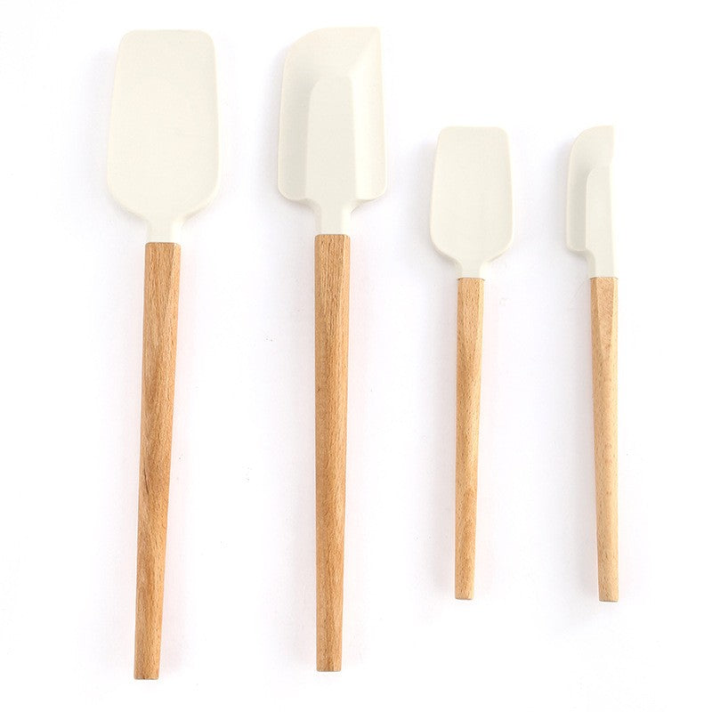 Set 4 Ustensile de Bucatarie, Flippy, din Silicon si Lemn, Spatule de Dimensiuni Diferite, Termorezistente, Antiaderente, Alb-Maro-0