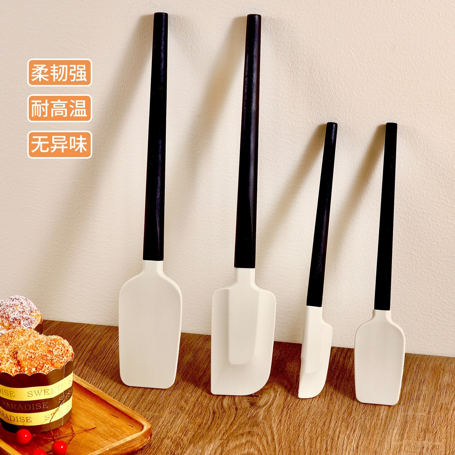 Set 4 Ustensile de Bucatarie, Flippy, din Silicon si Lemn, Spatule de Diferite Dimensiuni, Termorezistente, Antiaderente, Alb-Negru-0