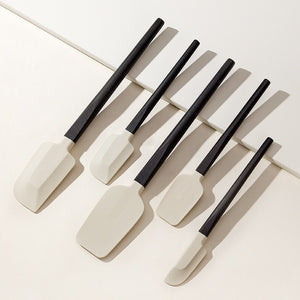 Set 5 Ustensile de Bucatarie, Flippy, din Silicon si Lemn, Spatule de Diferite Dimensiuni, Termorezistente, Antiaderente, Alb-Negru-0