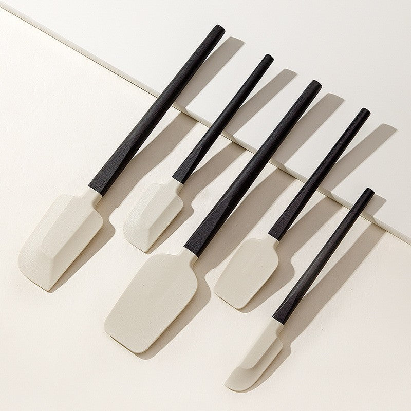 Set 5 Ustensile de Bucatarie, Flippy, din Silicon si Lemn, Spatule de Diferite Dimensiuni, Termorezistente, Antiaderente, Alb-Negru-0