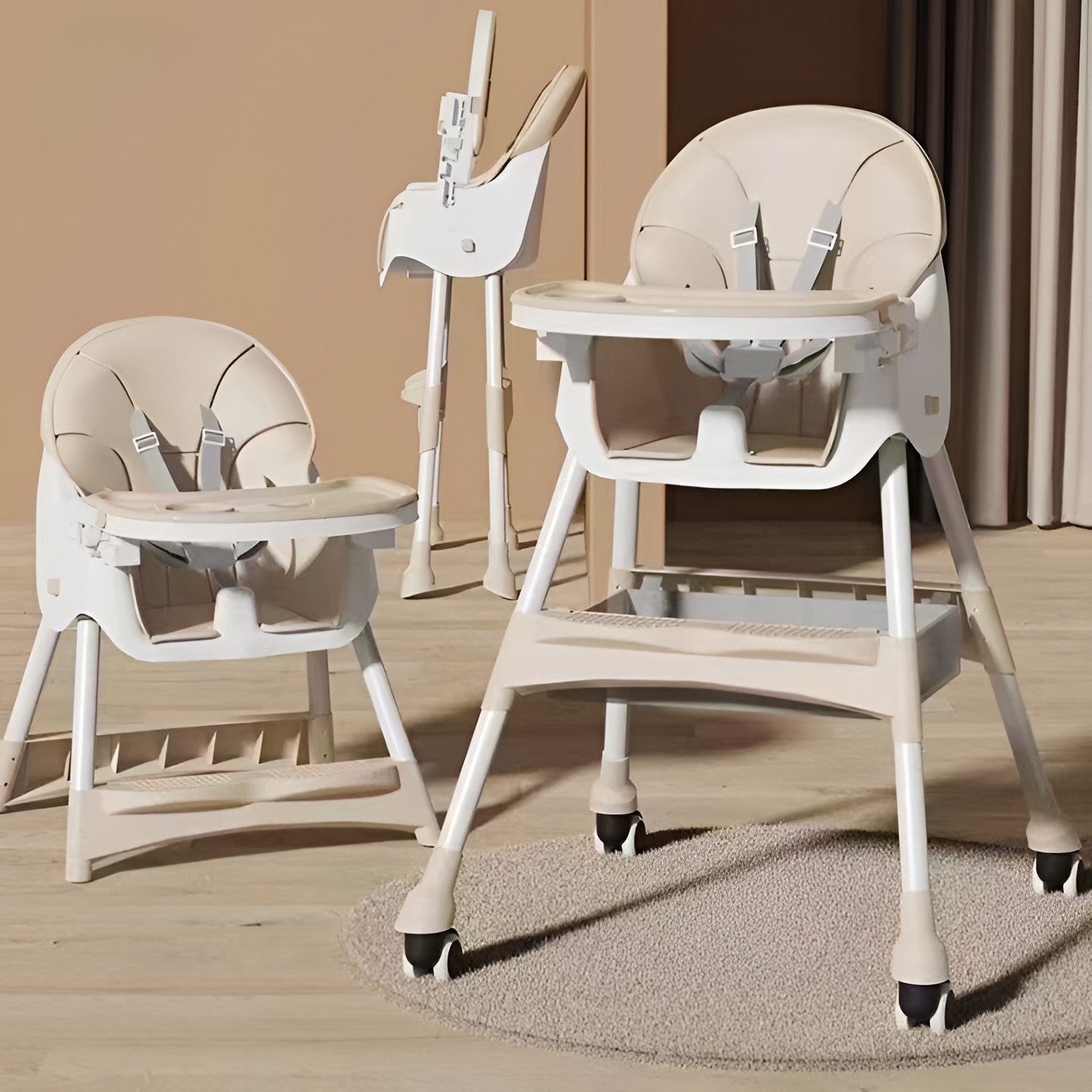 Scaun de Masa pentru Bebelusi si Copii, Flippy, cu Roti, Telescopic, Pliabil, Masuta Reglabila, Suport Picioare, Scaun cu Invelis Piele Artificiala, Centura Siguranta, Spatiu Depozitare, 97x73x65 cm, Bej-1
