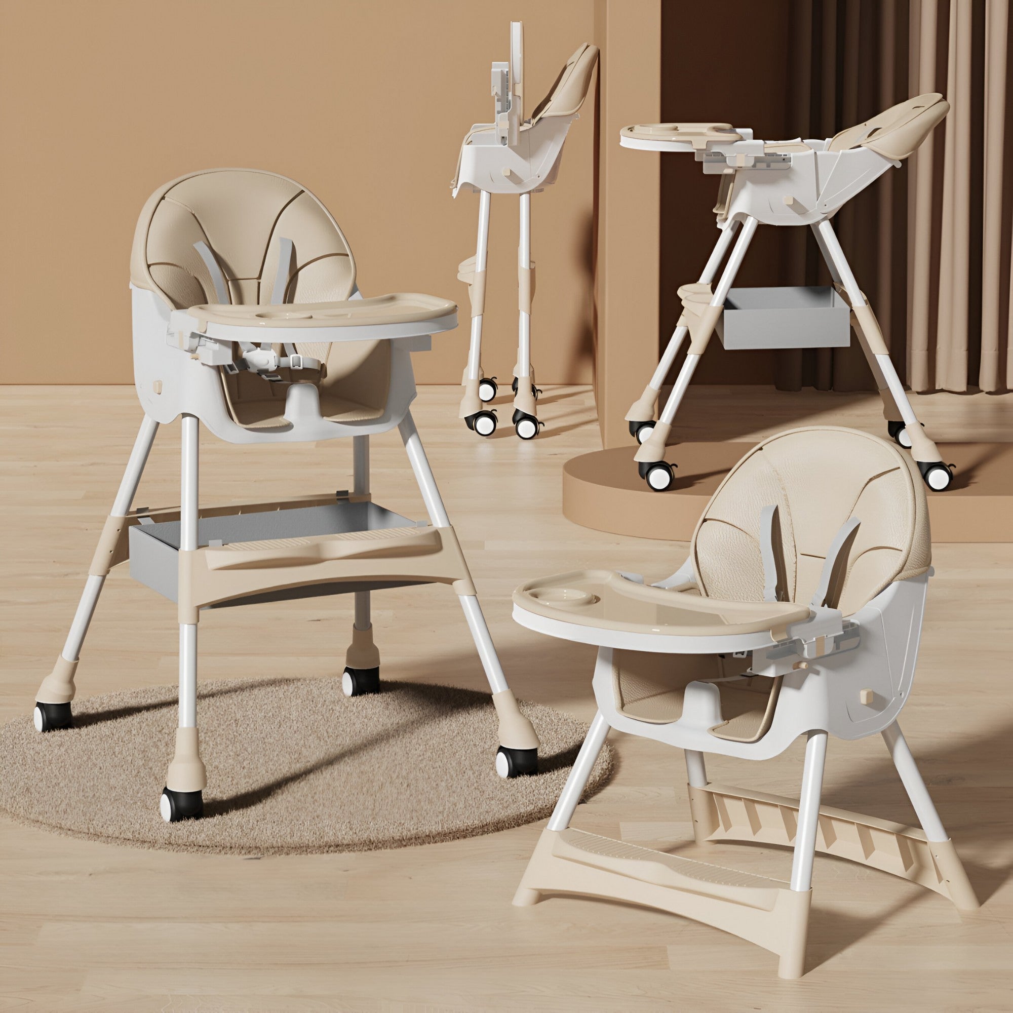 Scaun de Masa pentru Bebelusi si Copii, Flippy, cu Roti, Telescopic, Pliabil, Masuta Reglabila, Suport Picioare, Scaun cu Invelis Piele Artificiala, Centura Siguranta, Spatiu Depozitare, 97x73x65 cm, Bej-2