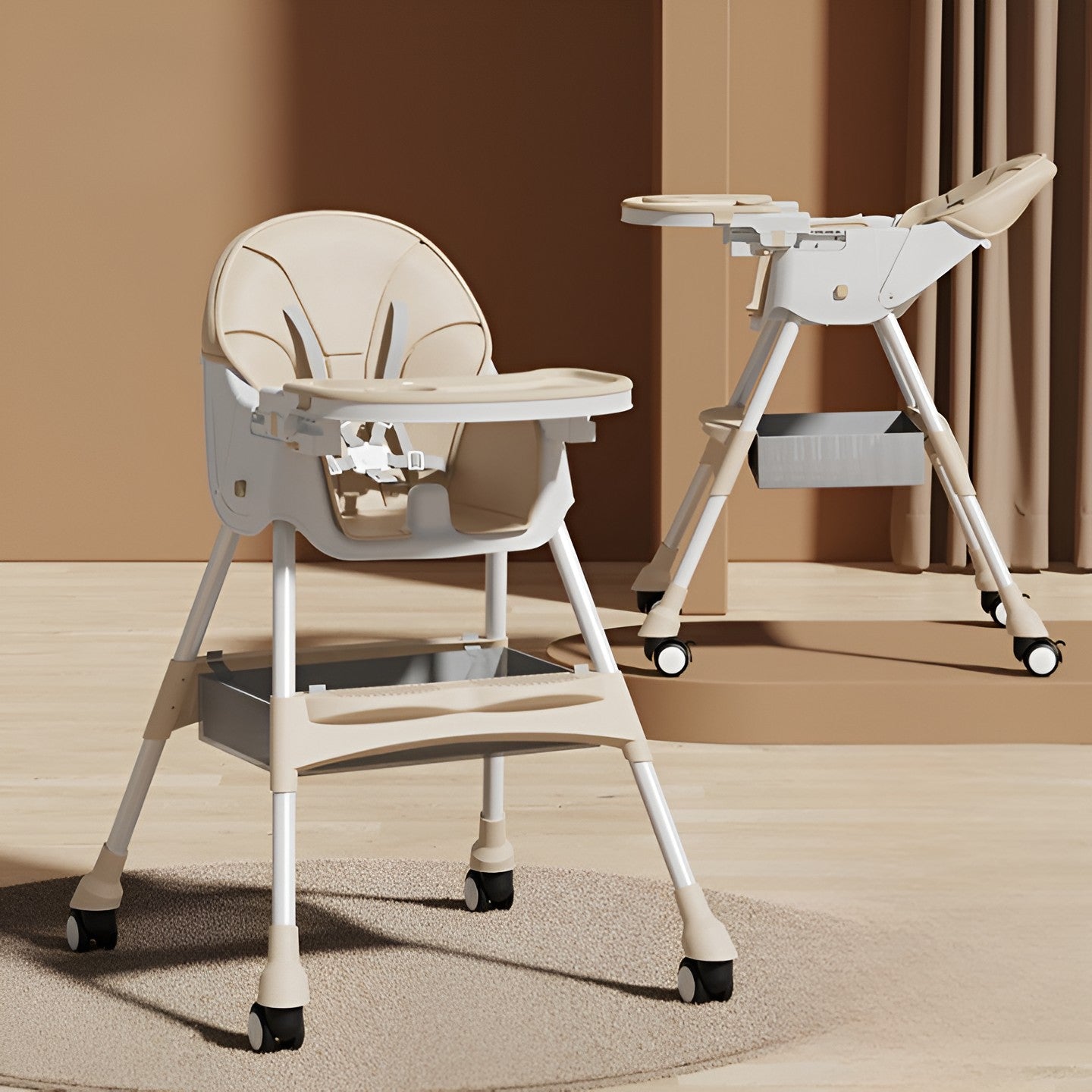 Scaun de Masa pentru Bebelusi si Copii, Flippy, cu Roti, Telescopic, Pliabil, Masuta Reglabila, Suport Picioare, Scaun cu Invelis Piele Artificiala, Centura Siguranta, Spatiu Depozitare, 97x73x65 cm, Bej-3