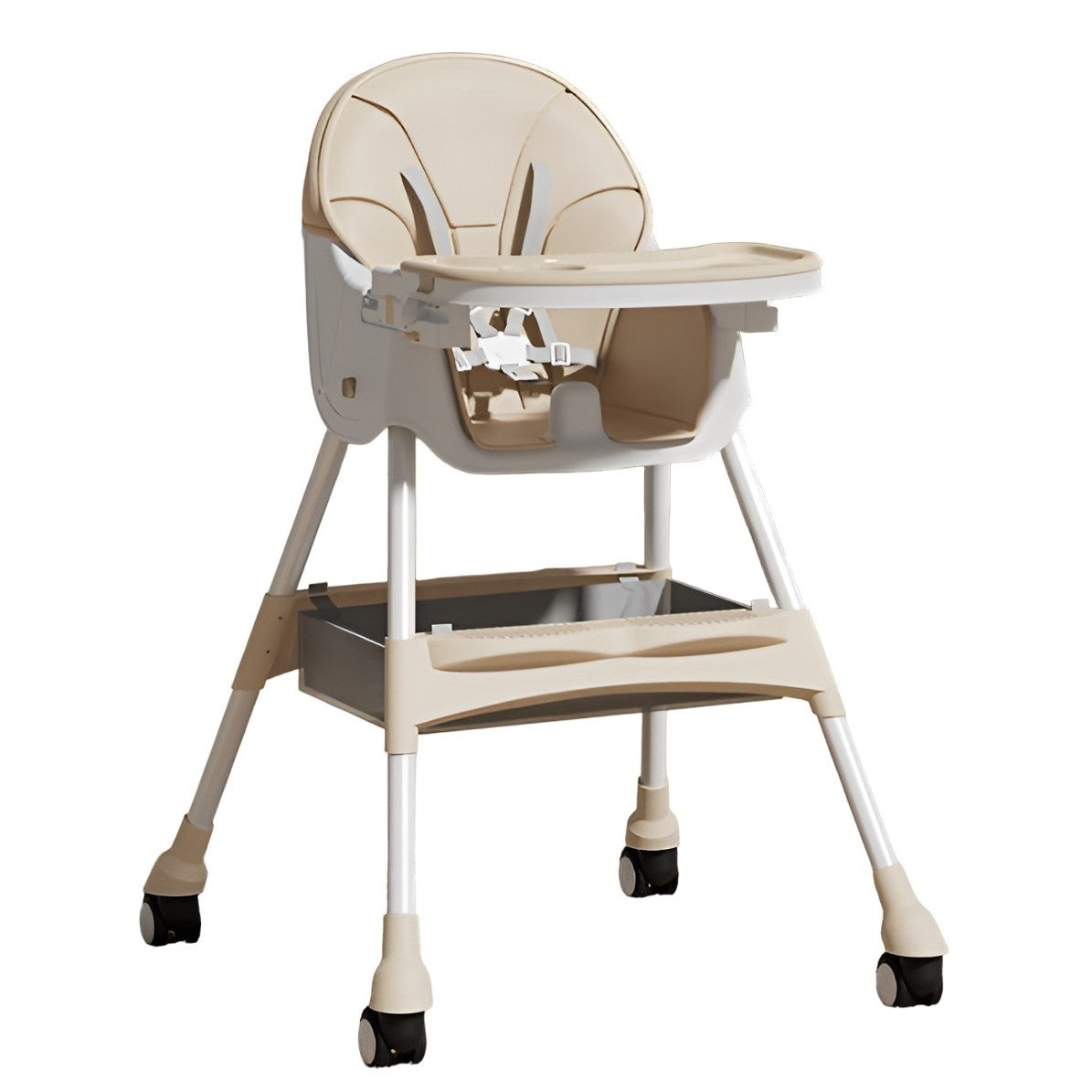 Scaun de Masa pentru Bebelusi si Copii, Flippy, cu Roti, Telescopic, Pliabil, Masuta Reglabila, Suport Picioare, Scaun cu Invelis Piele Artificiala, Centura Siguranta, Spatiu Depozitare, 97x73x65 cm, Bej-0