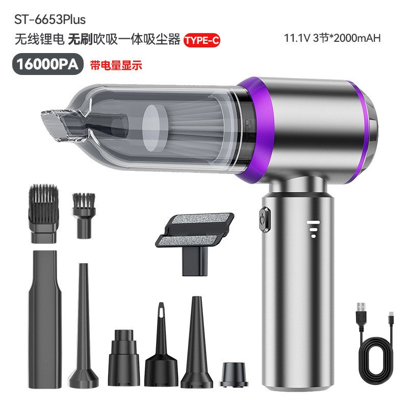 Aspirator Portabil Auto, Flippy, pentru Casa si Masina, 3 Viteze, Incarcator Tip-C cu Incarcare Rapida, Tub Prelungitor, 2000mAh, 7 Capete de Aspirare si Suflare, 21x20x6.5 cm, Argintiu Mov-0