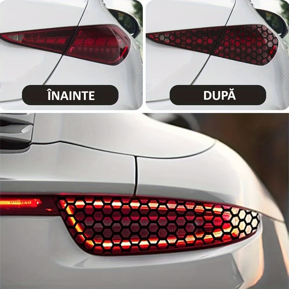 Set 2 folii autoadezive decupate pentru decorarea stopurilor auto, dimensiune 2 x 48 x 30cm, culoare Negru Mat, model HONEYCOMB-1