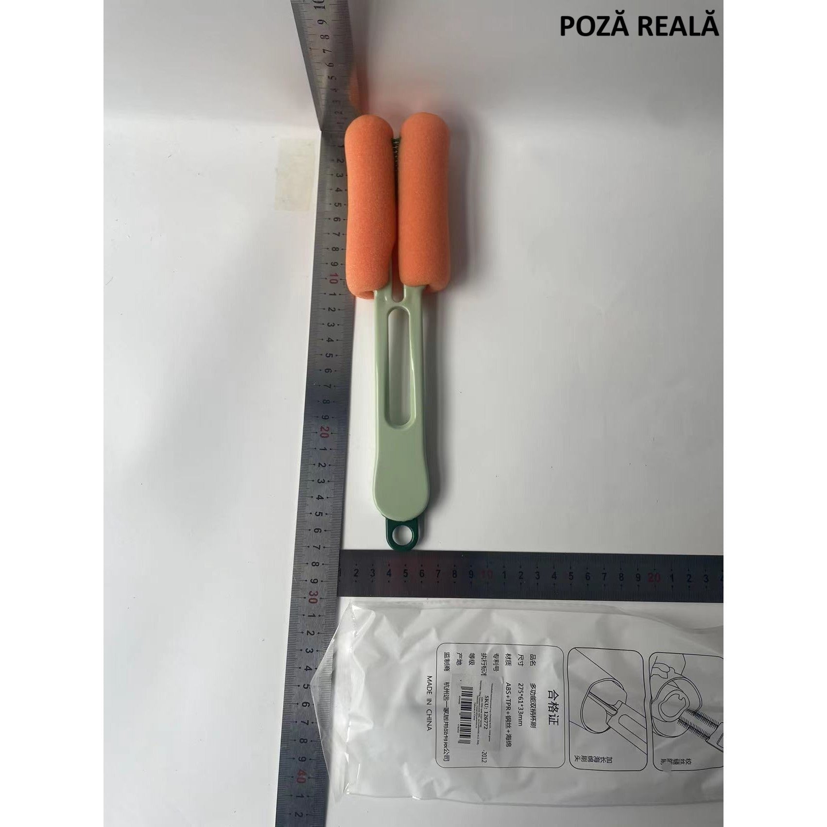 Perie de Curatat Pahare, Cani, Sticle, Flippy, cu Maner Lung si Burete, Accesorii pentru Spalarea Paielor si Capacelor, usor de Agatat, 27.5x11.4x6cm, Verde-1