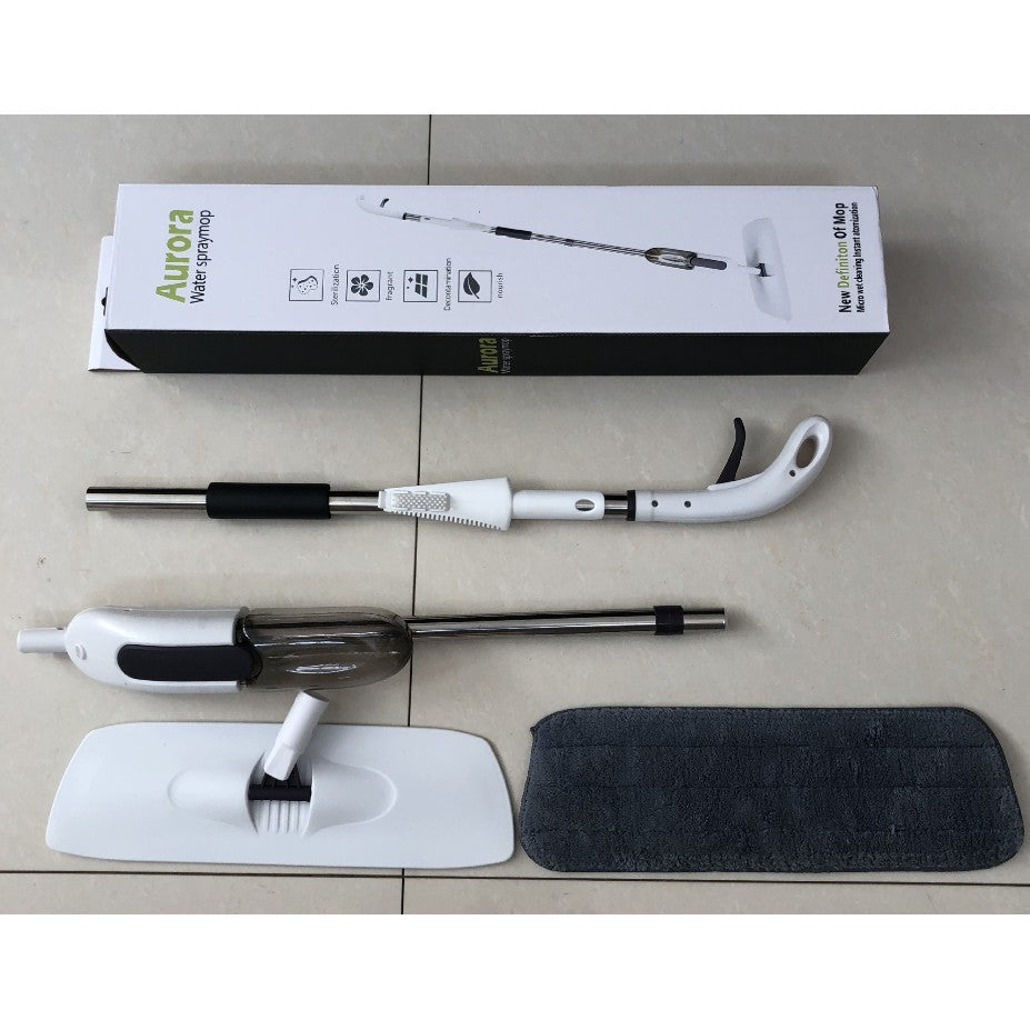 Mop plat, Flippy, cu pulverizator, pentru uz casnic, plastic, rezerva de mop din microfibra, 125x40 cm, Alb/Negru-1