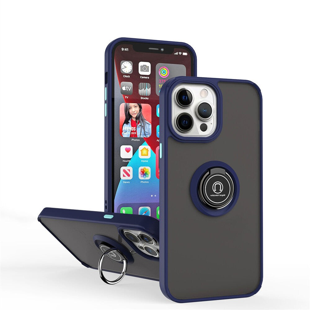 Husa Anti Fall Metal Bracket pentru Apple iPhone 12/ 12 Pro, Rezistenta la socuri, Margini colorate, Cu inel de prindere magnetic, Flippy, Albastru-2
