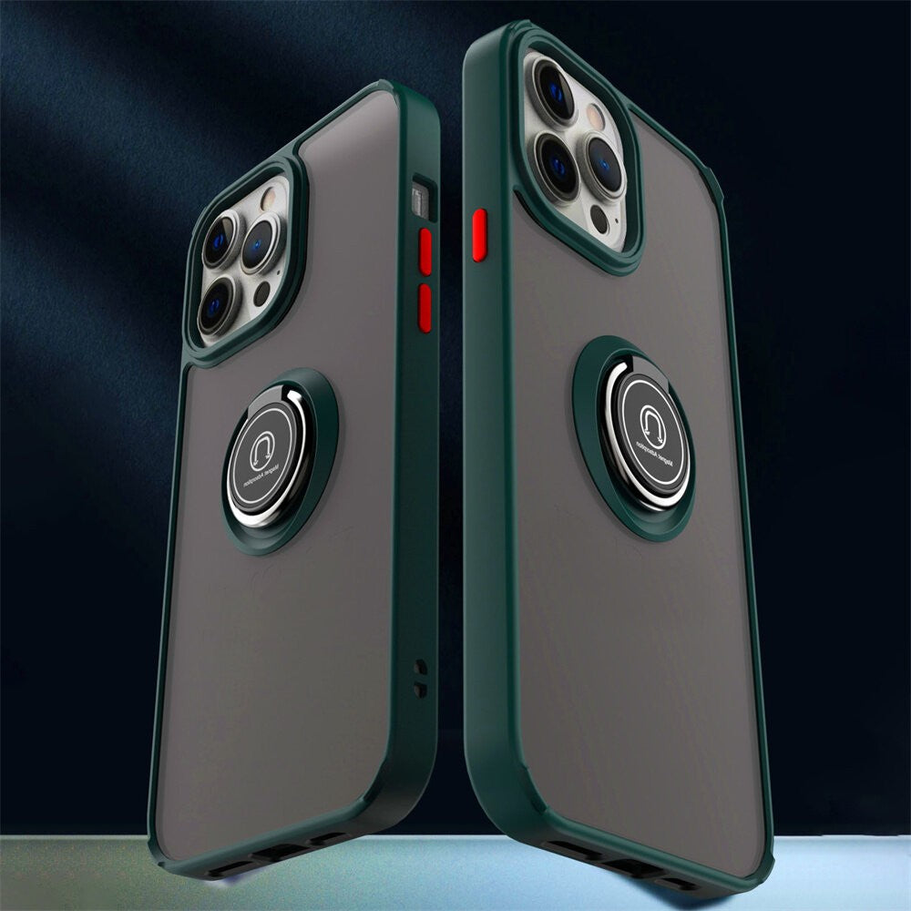 Husa Anti Fall Metal Bracket pentru Apple iPhone 14 Pro, Rezistenta la socuri, Margini colorate, Cu inel de prindere magnetic, Flippy, Verde-2