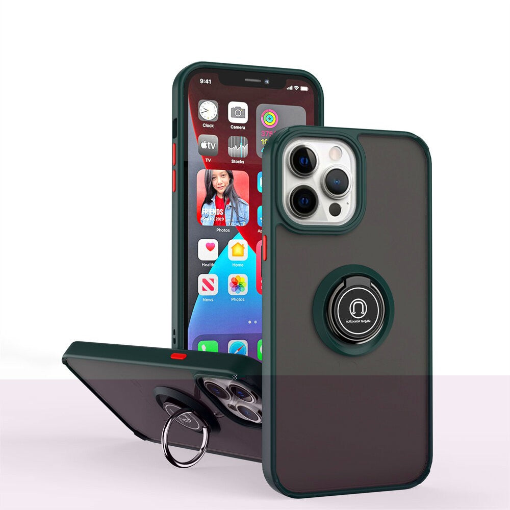 Husa Anti Fall Metal Bracket pentru Apple iPhone 14, Rezistenta la socuri, Margini colorate, Cu inel de prindere magnetic, Flippy, Verde-3