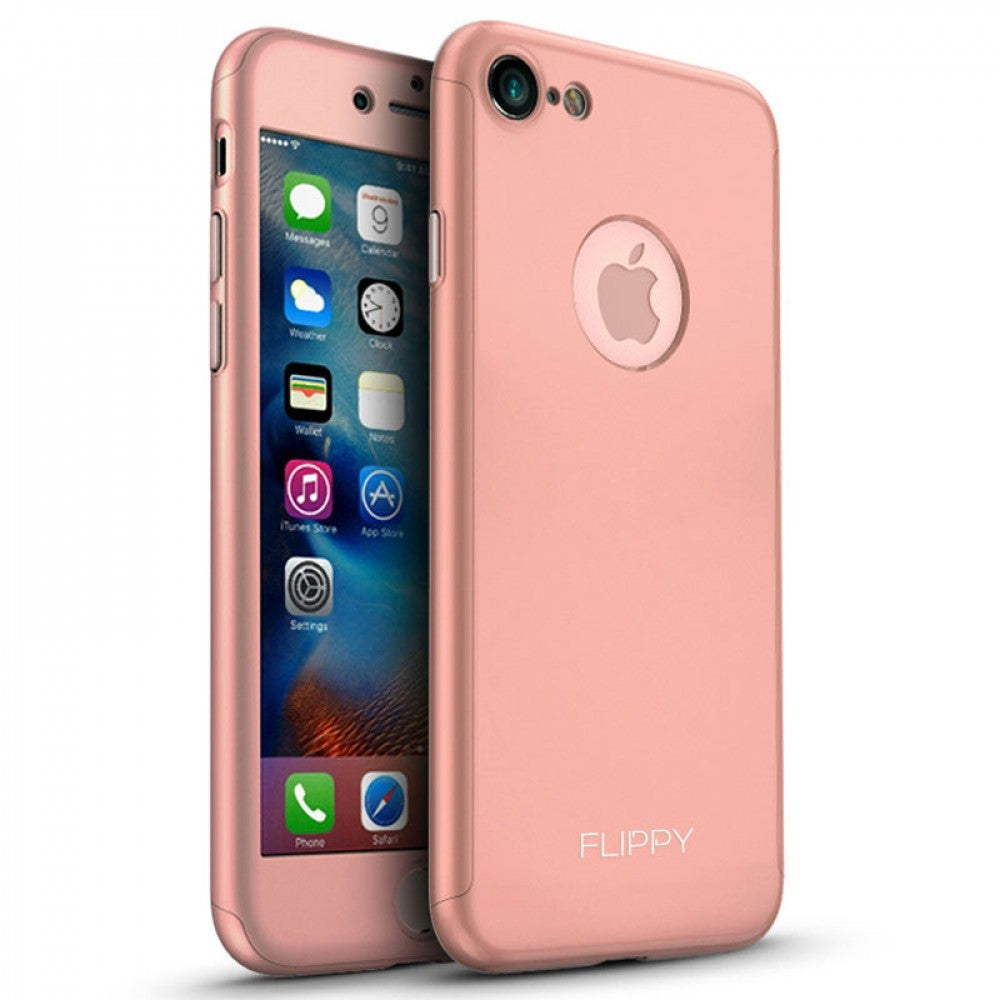 Husa protectile Flippy Premium Full Cover 360 pentru Apple iPhone 8, Roz Auriu cu Folie Sticla inclusa-1