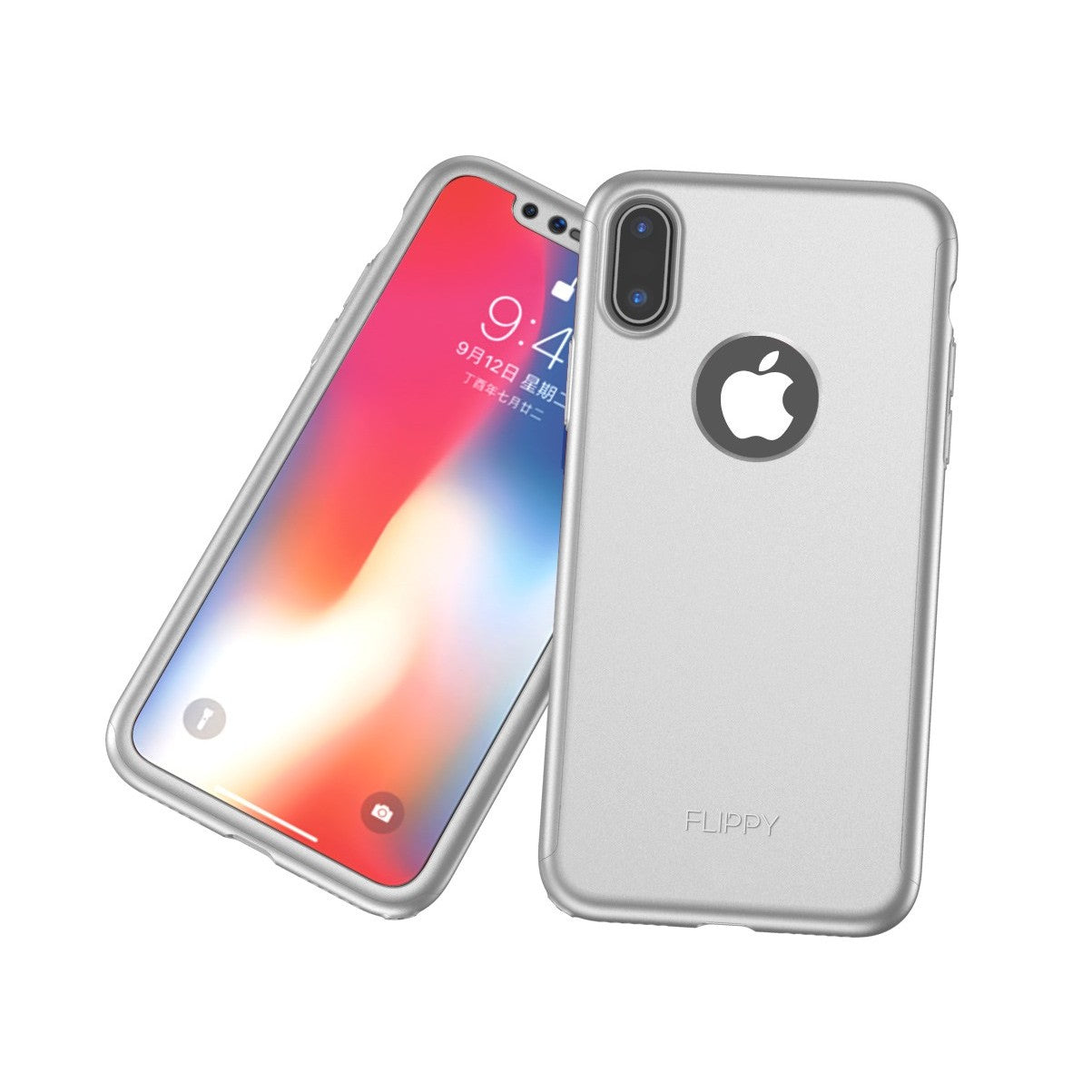 Set Husa si Folie de Protectie, Flippy, Compatibila cu Apple iPhone X, Full Cover 360°, Plastic + Sticla, Argintiu-2