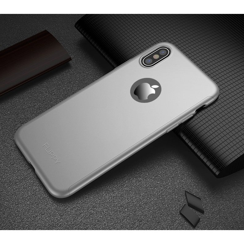 Set Husa si Folie de Protectie, Flippy, Compatibila cu Apple iPhone X, Full Cover 360°, Plastic + Sticla, Argintiu-3