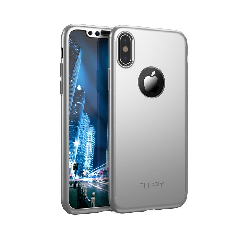 Set Husa si Folie de Protectie, Flippy, Compatibila cu Apple iPhone X, Full Cover 360°, Plastic + Sticla, Argintiu-5
