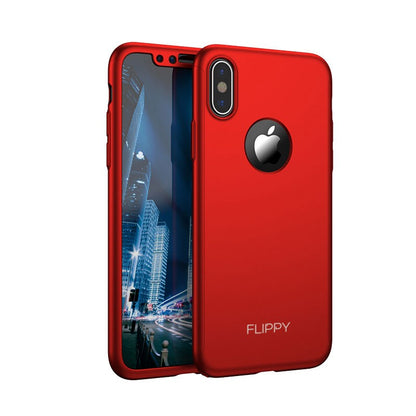Set Husa si Folie de Protectie, Flippy, Compatibila cu Apple iPhone X, Full Cover 360°, Plastic + Sticla, Rosu-1
