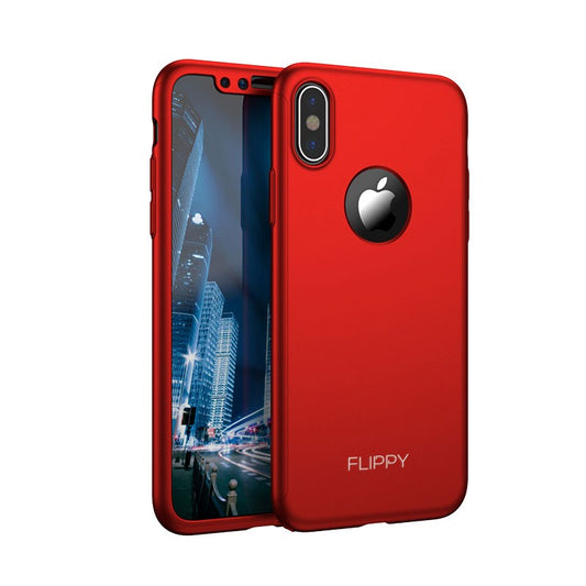 Set Husa si Folie de Protectie, Flippy, Compatibila cu Apple iPhone X, Full Cover 360°, Plastic + Sticla, Rosu-1
