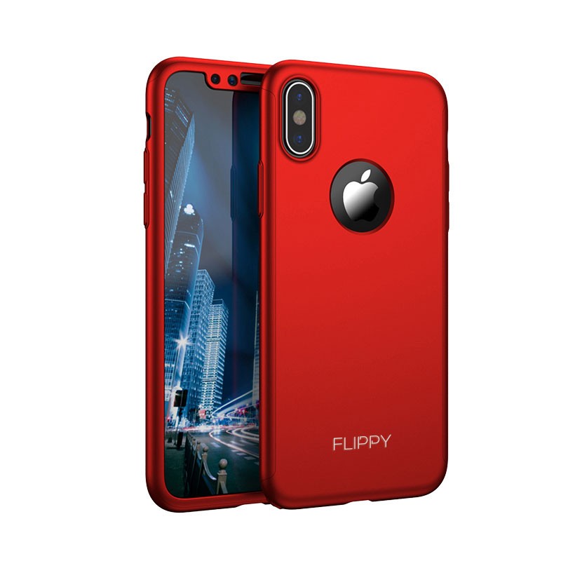 Set Husa si Folie de Protectie, Flippy, Compatibila cu Apple iPhone X, Full Cover 360°, Plastic + Sticla, Rosu-1