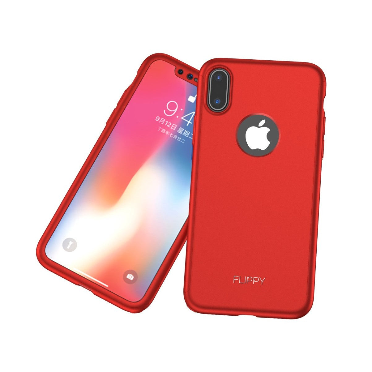 Set Husa si Folie de Protectie, Flippy, Compatibila cu Apple iPhone X, Full Cover 360°, Plastic + Sticla, Rosu-3