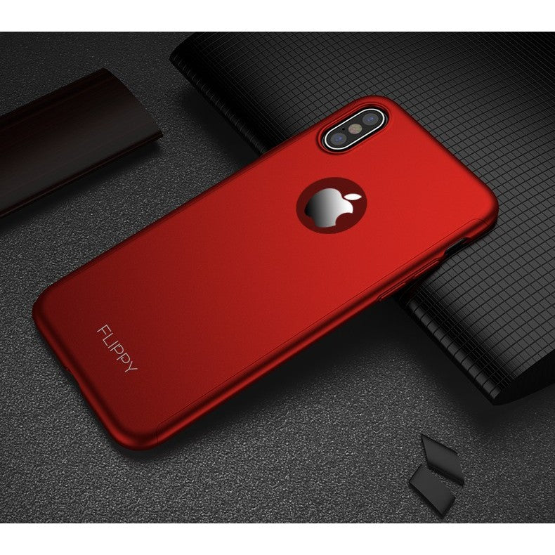 Set Husa si Folie de Protectie, Flippy, Compatibila cu Apple iPhone X, Full Cover 360°, Plastic + Sticla, Rosu-4