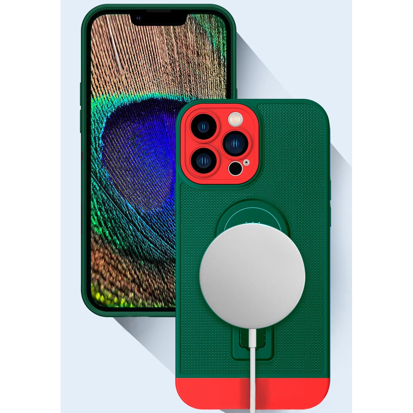 Husa Armor Design cu Stand pentru iPhone 13, Verde/Rosu, Suport Auto Magnetic, Wireless Charge, Protectie Antisoc, Flippy-3
