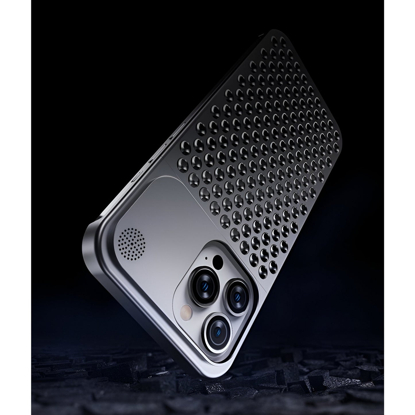 Husa Aromaterapia Compatibila cu iPhone 15 Pro, Flippy, Antisoc, Antizgariere, Protectie Camera si Supraincalzire, din Aliaj de Aluminiu, Gri-4