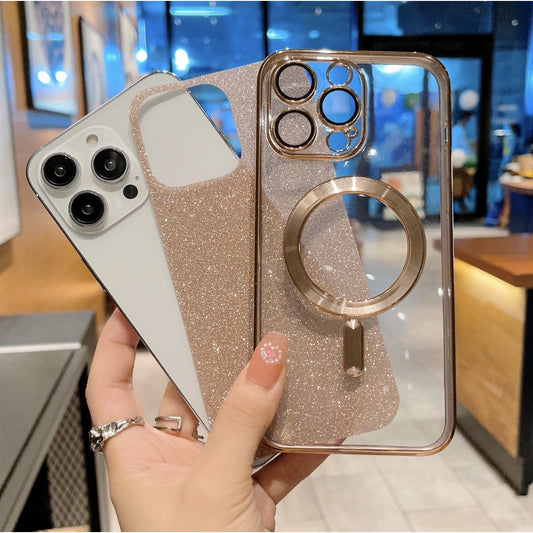 Husa de Protectie 2 in 1, Flippy, pentru iPhone 14, Glitter Chrome Magsafe, din TPU, Magnetica, cu Protectie Lentila, Auriu-1