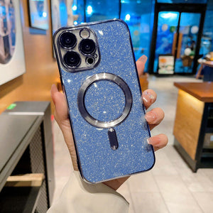 Husa de Protectie 2 in 1, Flippy, pentru iPhone 14 Plus, Glitter Chrome Magsafe, din TPU, Magnetica, cu Protectie Lentila, Albastru Marin-0