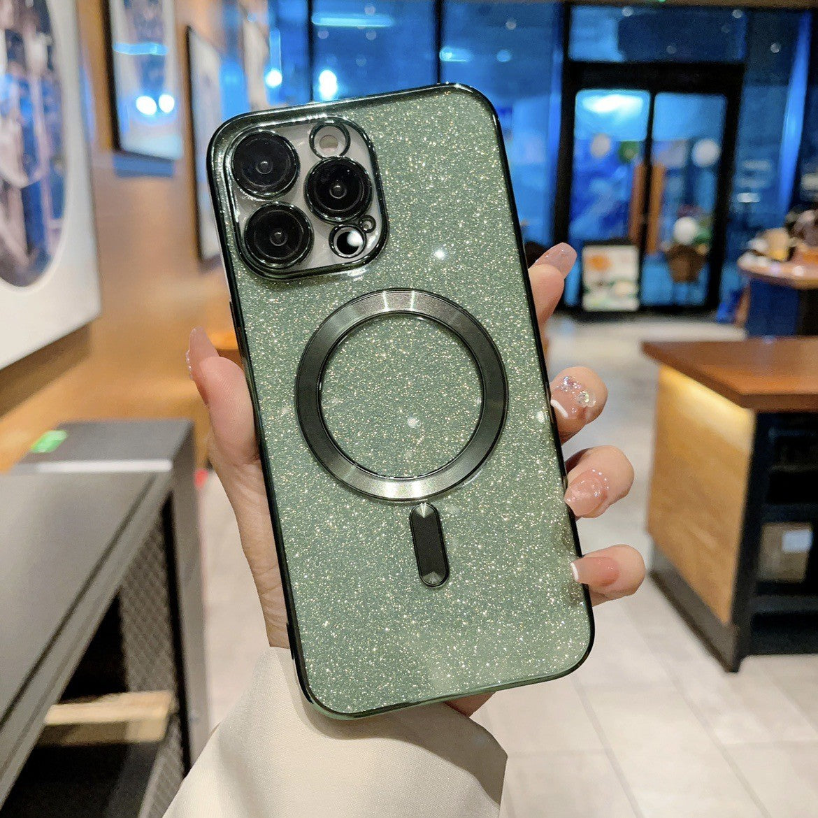 Husa de Protectie 2 in 1, Flippy, pentru iPhone 14 Plus, Glitter Chrome Magsafe, din TPU, Magnetica, cu Protectie Lentila, Verde-0