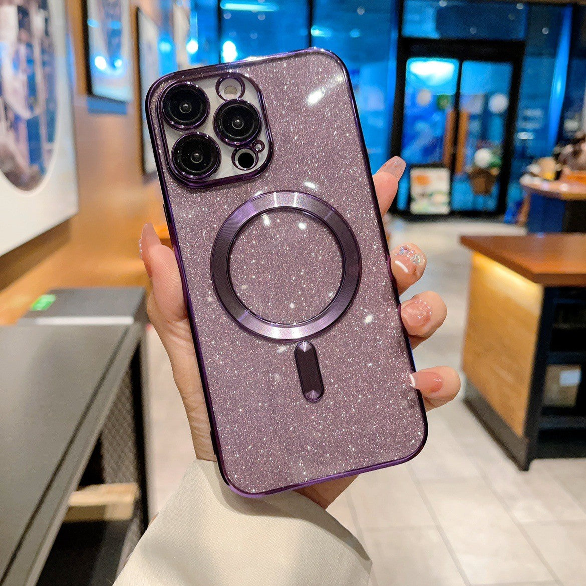 Husa de Protectie 2 in 1, Flippy, pentru iPhone 15 Plus, Glitter Chrome Magsafe, din TPU, Magnetica, cu Protectie Lentila, Mov-0