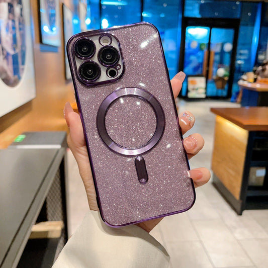 Husa de Protectie 2 in 1, Flippy, pentru iPhone 15 Pro, Glitter Chrome Magsafe, din TPU, Magnetica, cu Protectie Lentila, Mov-0