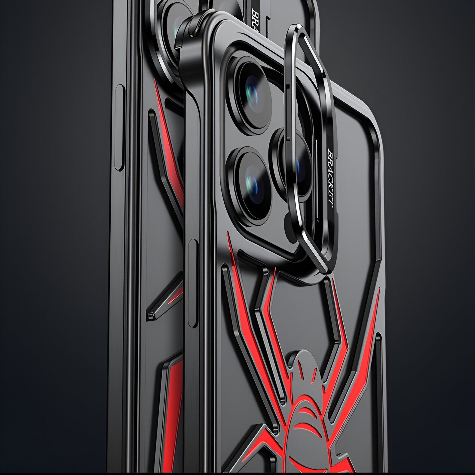 Husa de Protectie Compatibila iPhone 15 Pro, cu Suport Metalic pentru Camera, Armor Protective Series, Flippy, Antisoc, Protectie de Metal pe Margini, Model Paianjen, Negru Rosu-11