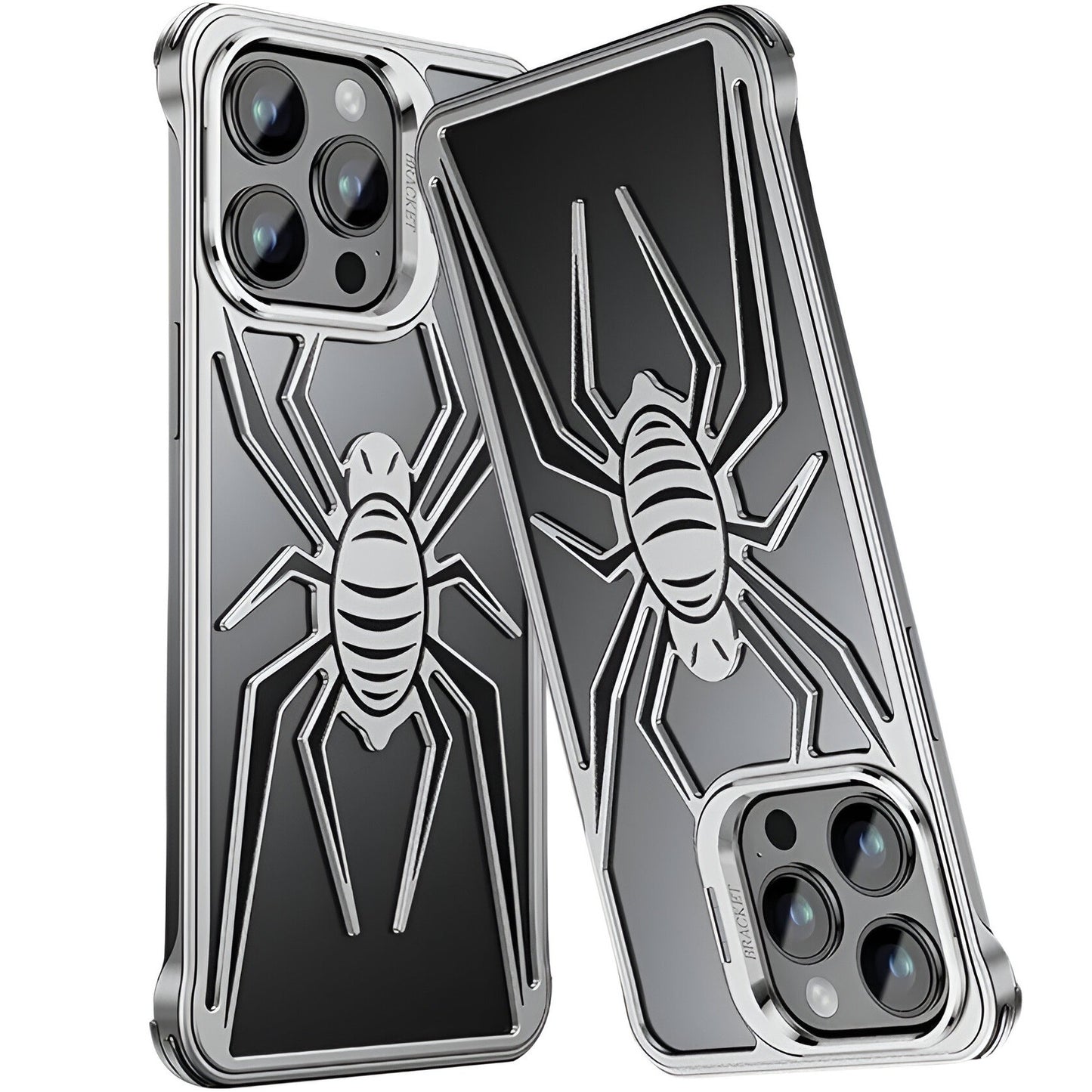 Husa de Protectie Compatibila iPhone 15 Pro, cu Suport Metalic pentru Camera, Armor Protective Series, Flippy, Antisoc, Protectie de Metal pe Margini, Model Paianjen, Negru Gri-2