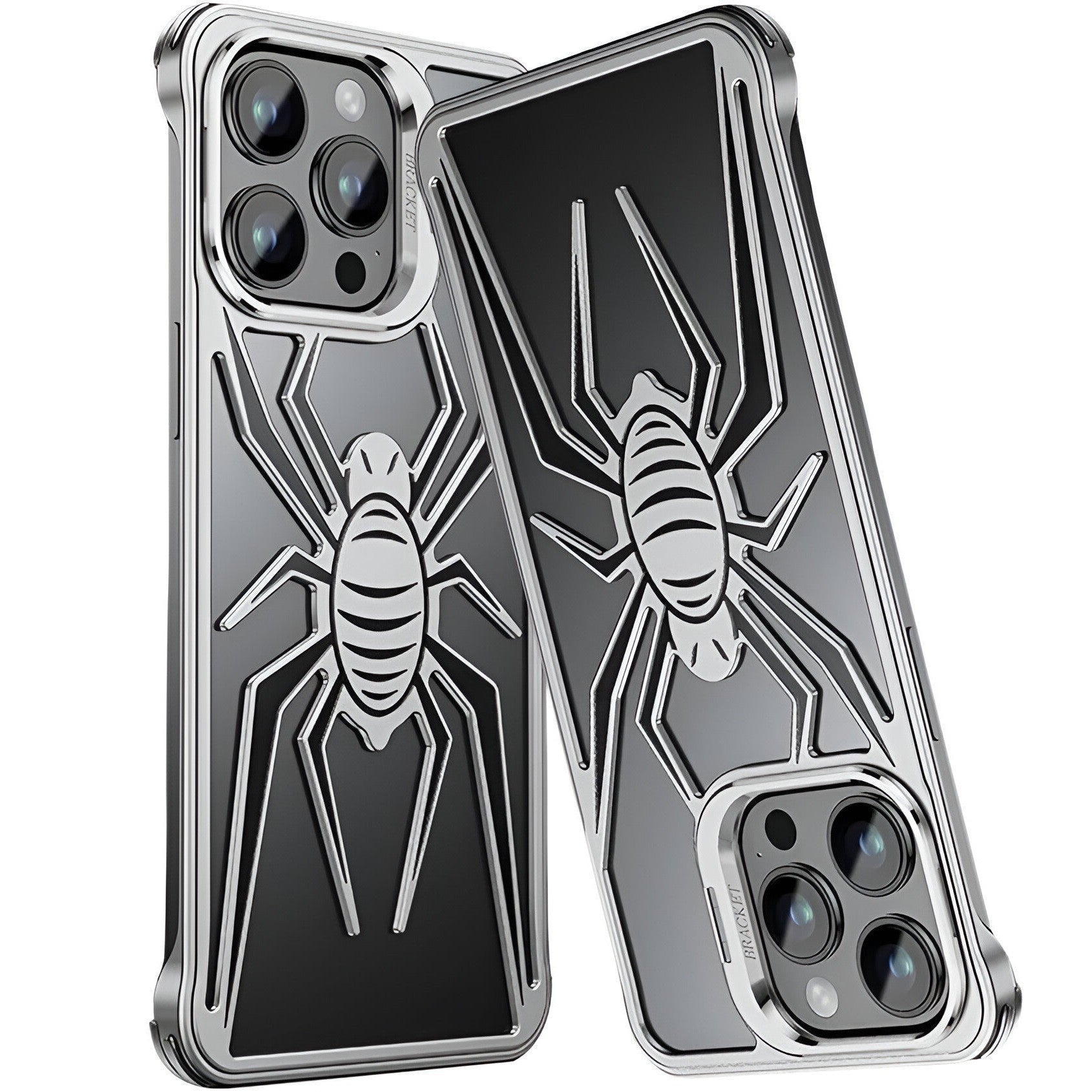 Husa de Protectie Compatibila iPhone 15 Pro, cu Suport Metalic pentru Camera, Armor Protective Series, Flippy, Antisoc, Protectie de Metal pe Margini, Model Paianjen, Negru Gri-2