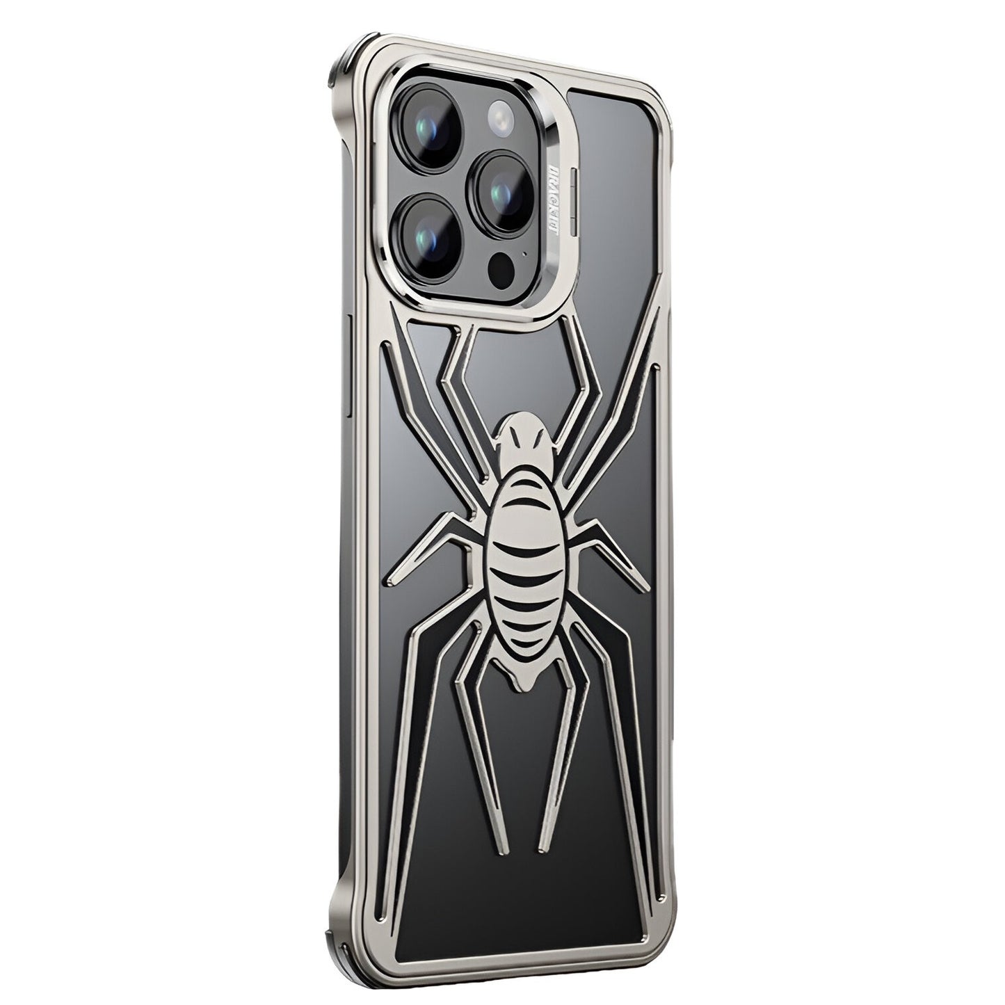 Husa de Protectie Compatibila iPhone 15 Pro, cu Suport Metalic pentru Camera, Armor Protective Series, Flippy, Antisoc, Protectie de Metal pe Margini, Model Paianjen, Negru Gri-0