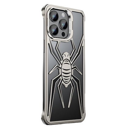 Husa de Protectie Compatibila iPhone 15 Pro, cu Suport Metalic pentru Camera, Armor Protective Series, Flippy, Antisoc, Protectie de Metal pe Margini, Model Paianjen, Negru Gri-0