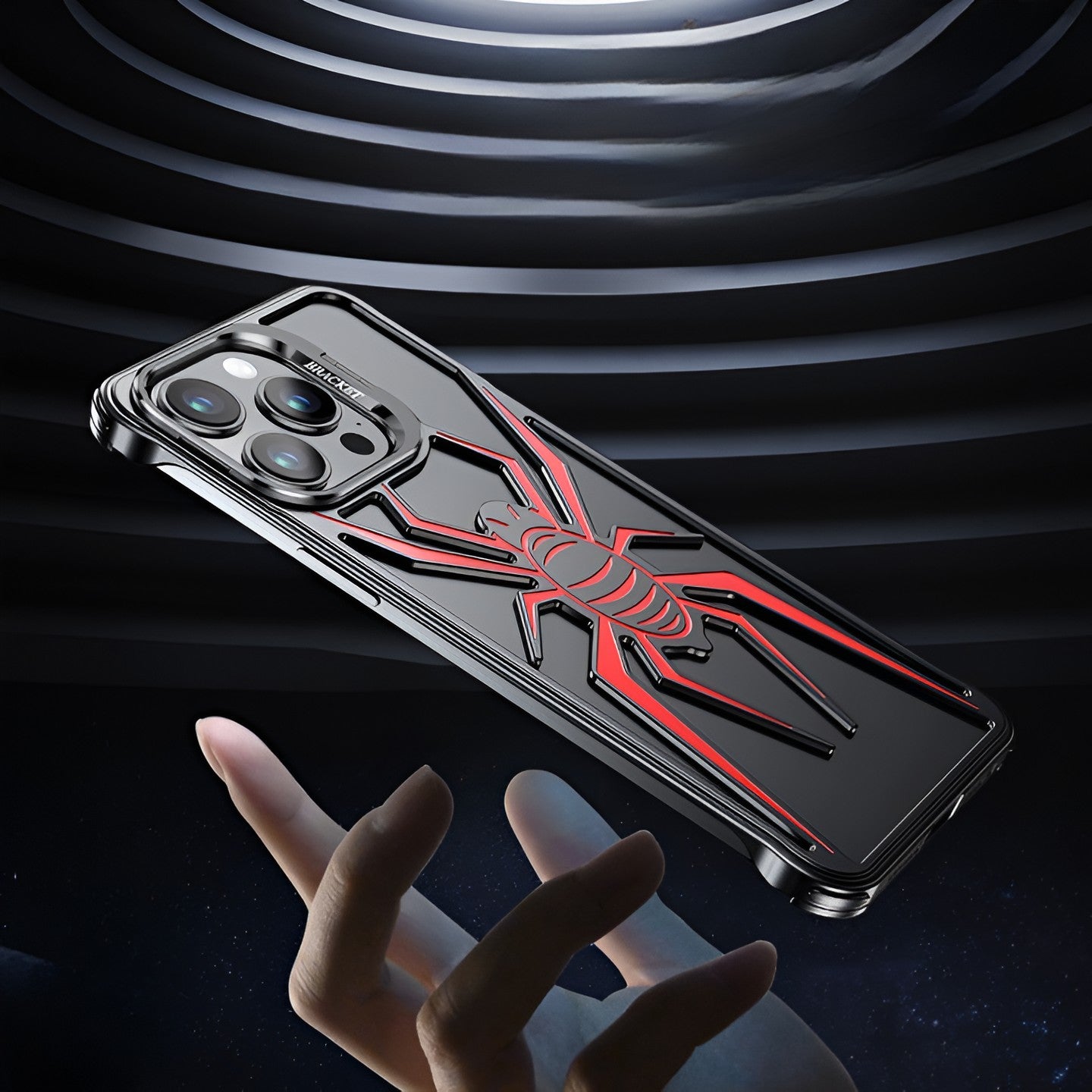 Husa de Protectie Compatibila iPhone 15 Pro Max, cu Suport Metalic pentru Camera, Armor Protective Series, Flippy, Antisoc, Protectie de Metal pe Margini, Model Paianjen, Negru Rosu-7