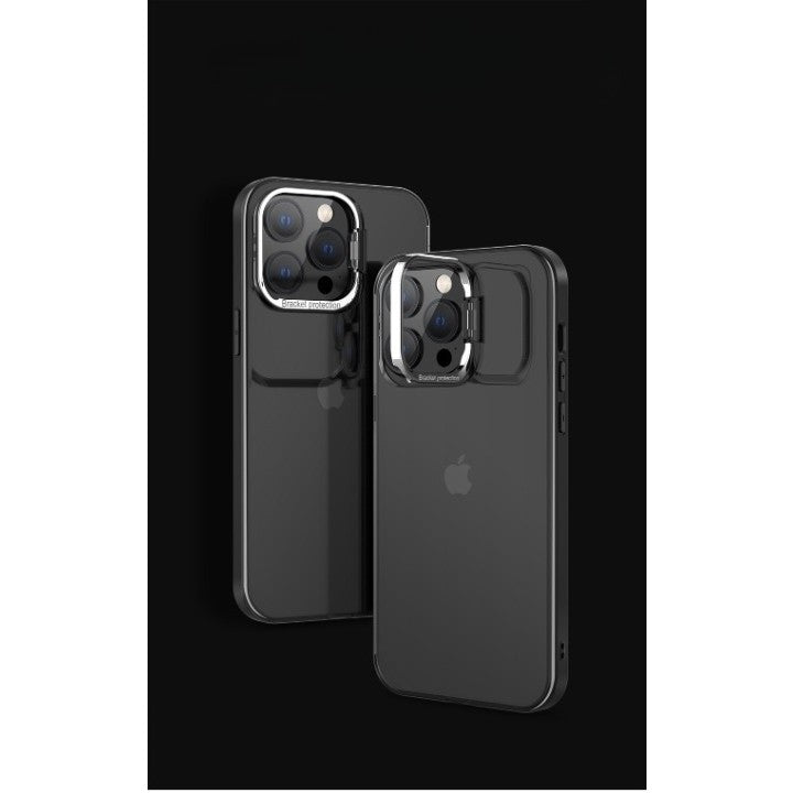 Husa de protectie pentru iPhone 14, cu suport metalic pentru camera, Bracket Series, Flippy, Protectie Antisoc, PC mat, silicon moale pe margini, Negru-0