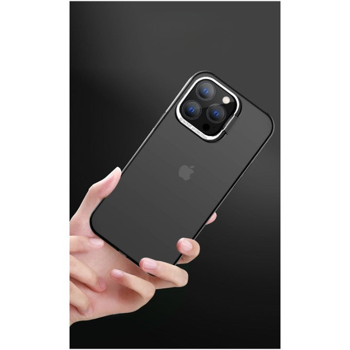Husa de protectie pentru iPhone 14 Plus, cu suport metalic pentru camera, Bracket Series, Flippy, Protectie Antisoc, PC mat, silicon moale pe margini, Negru-1