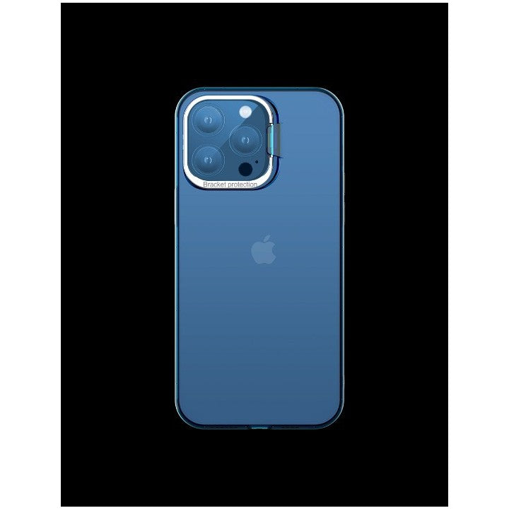 Husa de protectie pentru iPhone 14 Pro, cu suport metalic pentru camera, Bracket Series, Flippy, Protectie Antisoc, PC mat, silicon moale pe margini, Albastru-0