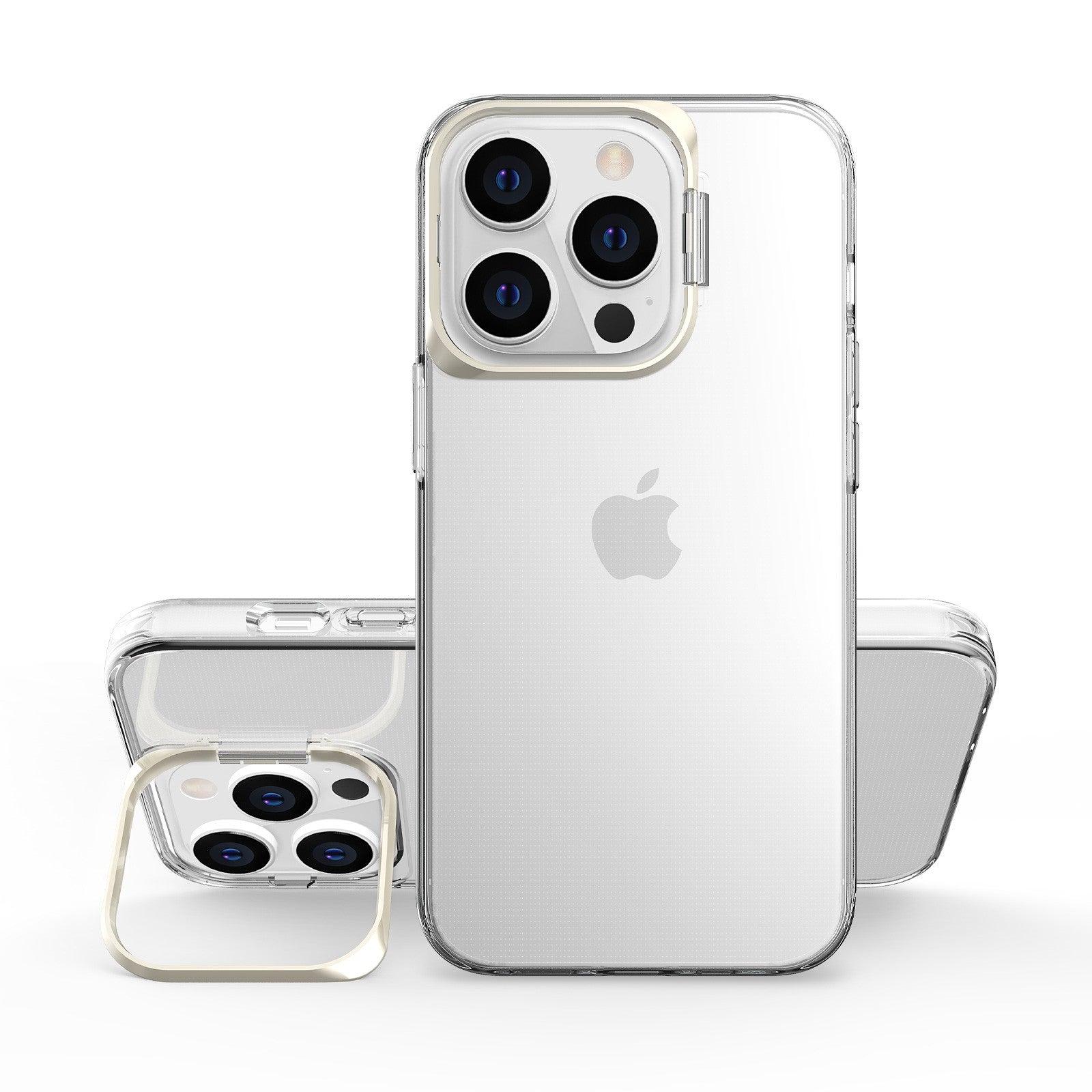 Husa de protectie pentru iPhone 14 Pro Max, cu suport metalic pentru camera, Bracket Series, Flippy, Protectie Antisoc, PC mat, silicon moale pe margini, Transparent-0