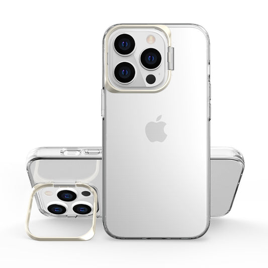 Husa de protectie pentru iPhone 14 Pro Max, cu suport metalic pentru camera, Bracket Series, Flippy, Protectie Antisoc, PC mat, silicon moale pe margini, Transparent-0