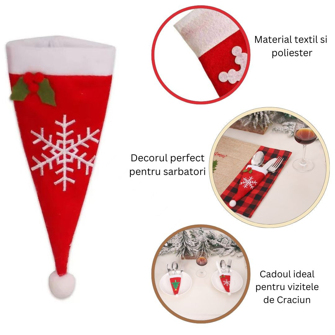 Husa decorativa festiva pentru 3 tacamuri Flippy, model caciulita cu fulg, material textil si poliester, 18 x 7 cm, rosu-4