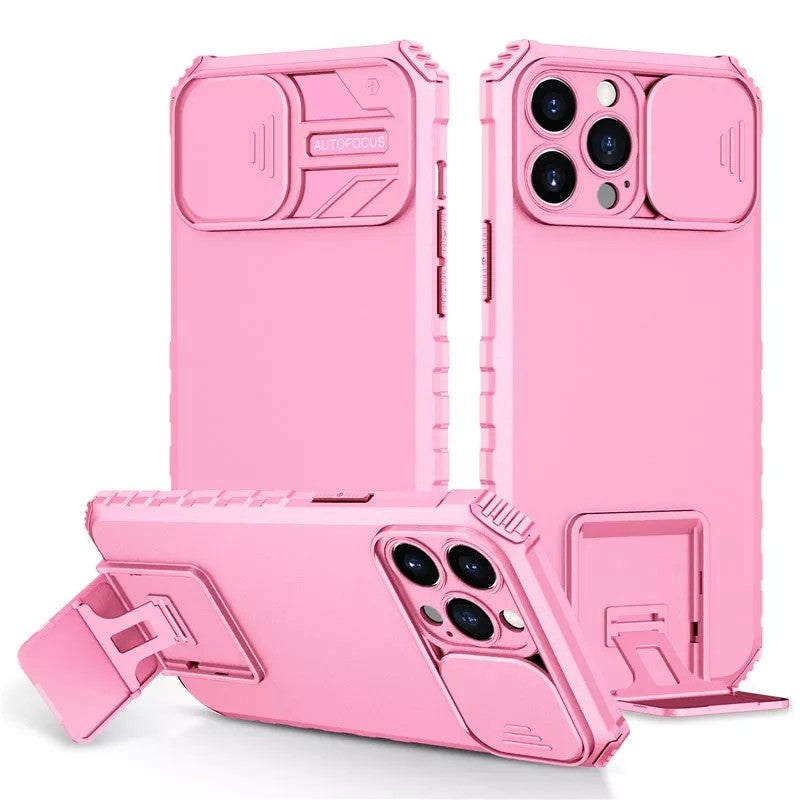 Husa Defender cu Stand pentru iPhone 12, Roz, Suport reglabil, Antisoc, Protectie glisanta pentru camera, Flippy-1