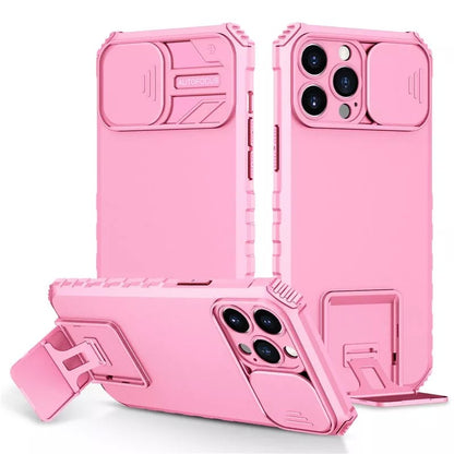Husa Defender cu Stand pentru iPhone 12, Roz, Suport reglabil, Antisoc, Protectie glisanta pentru camera, Flippy-1